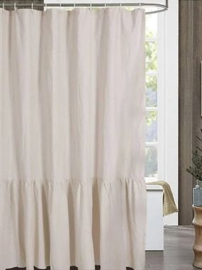Bee & Willow Ruffled Edge Natural Linen Shower Curtain Brand New